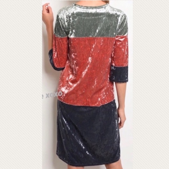 ❌DONATED❌Blue Gray Multicolor Block Crushed Velour Midi Dress - Picture 2 of 9